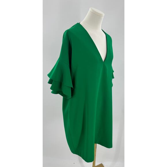 Zara Green Shift Dress XL Ruffle Pullover V neck Knee Length - Picture 3 of 10